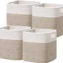 UBBCARE Set of 4 Storage Basket-12 X 12 X 12 in, Cotton Rope Basket for Shelves, Toys, Book, Cube Storage Bins with Handles, Woven Storage Basket for Organizing, White Brown