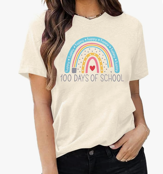 Teacher Shirt Women Rainbow Pencil Teach Graphic Tees Back to School T-Shirt Cute Short Sleeve 100 Days Teacher Gift Tops, XL