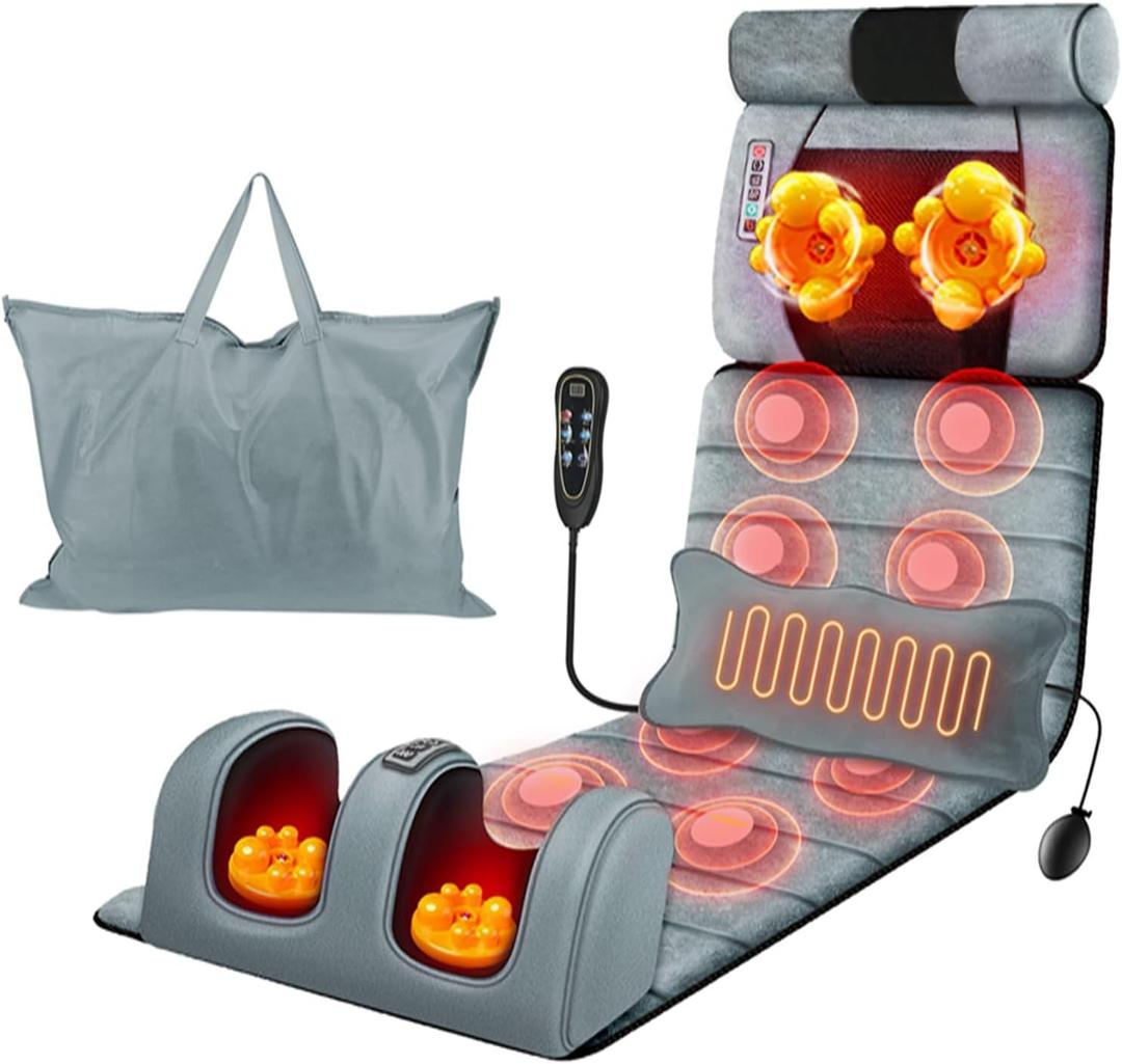 KOCASO Full Body Massage Mat with Heat, Electric Heated Massage Pad Cushion w/Vibration for Back/Neck/Foot, Detachable Head Pillow, Timer Function