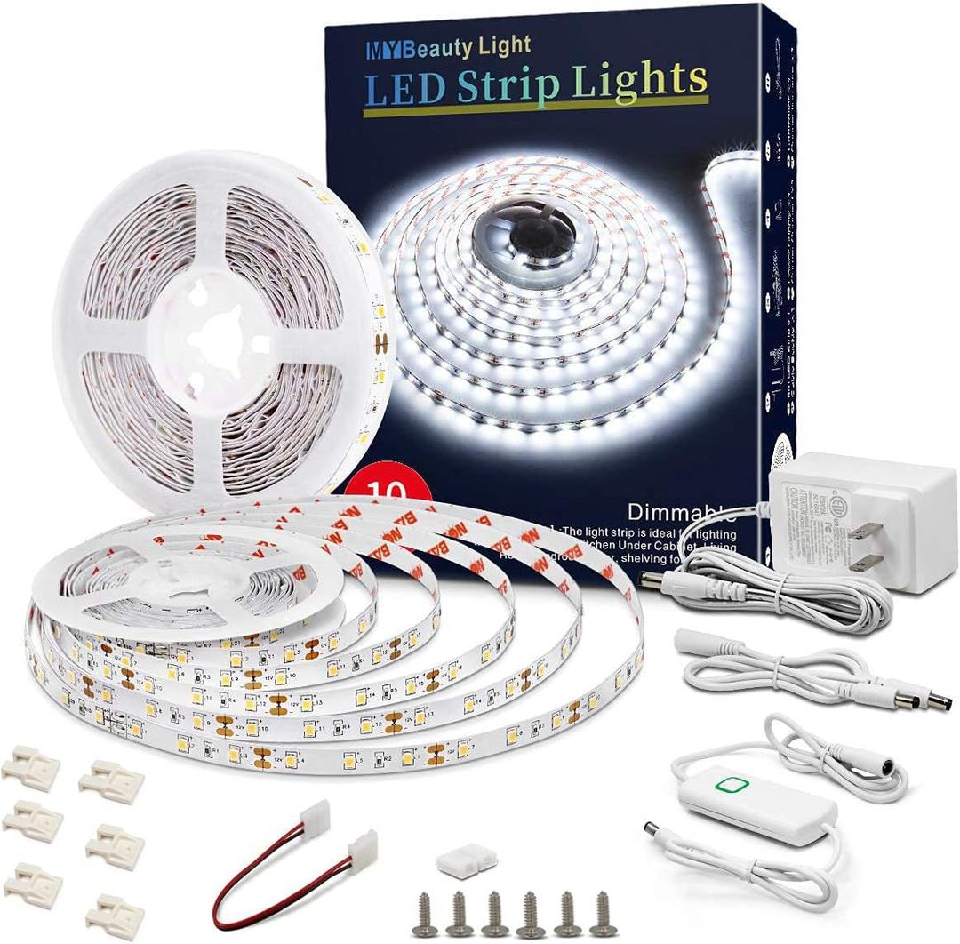 Led Strip Lights 32.8ft White Dimmable Led Light Strip Flexible Rope Lights Kits with 12v Etl Power Supply, Adhesive Clips, Dimmer Switch and Connectors for Indoor Decor