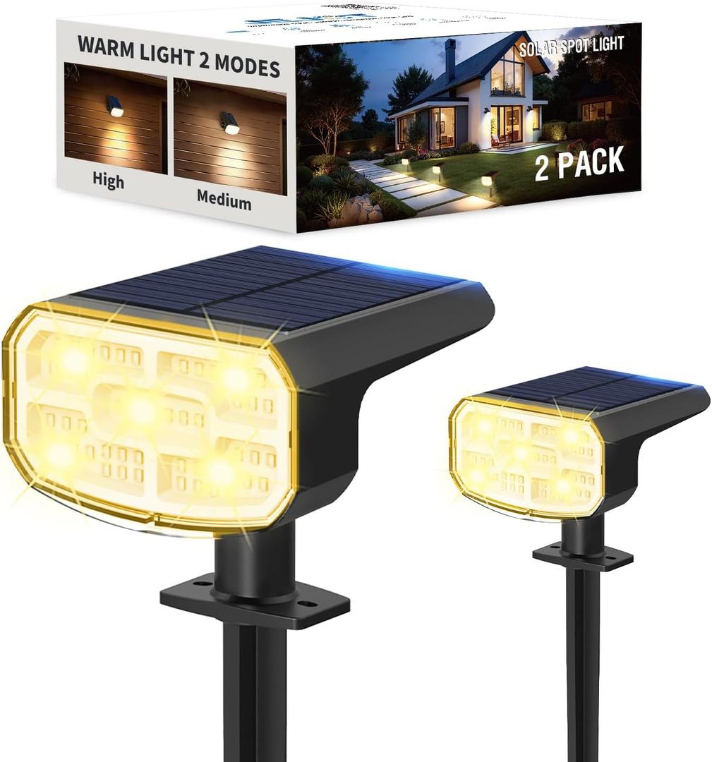 Solar Lights Outdoor Waterproof IP65, Super Bright LED, 3000K 2 Lighting Modes, Solar Powered Yard Garden Solar Spot Lights for Outside Landscape Auto On/Off -2 Pack