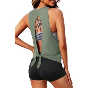 Aqua Eve 3 Piece Tankini Swimsuit for Women Tank Bathing Suit with Shorts Open Back Athletic Swimwear (XX-Large, Army Green and Stripes)