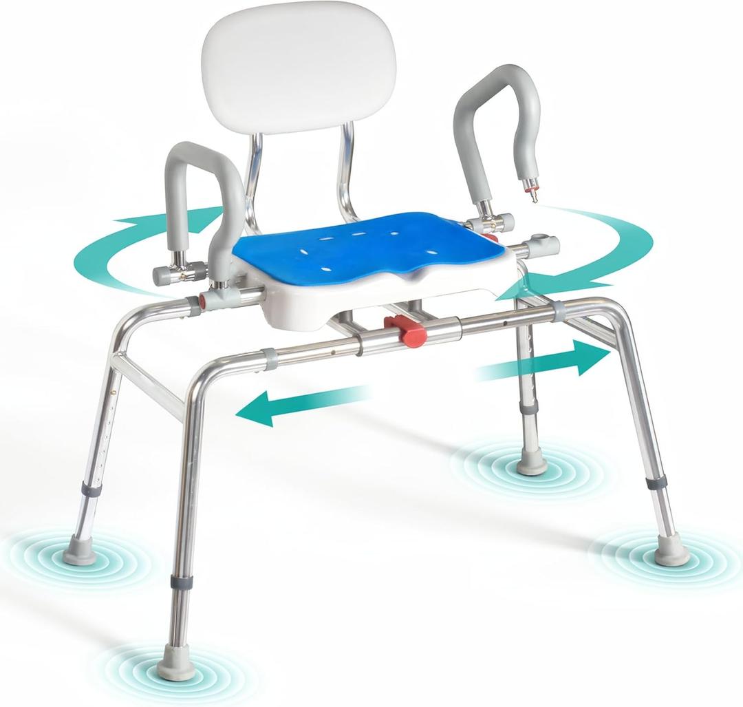 Sliding Shower Chair with Swivel Seat for Tub – 450lbs Bariatric 360° Rotating Bathtub Transfer Bench Inside Shower, Adjustable Height & Width Bath Chairs for Adults Seniors Elderly and Disabled