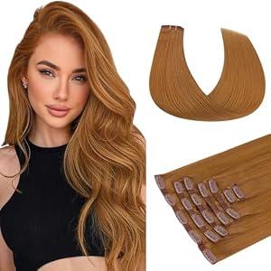 HOTBANANA Clip in Hair Extensions 22 inch 150g 7pcs Auburn Ginger Clip in Remy Human Hair Extensions Straight Hair Invisi Edge Full Head