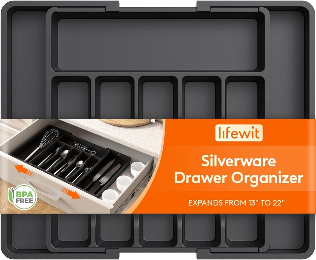 Lifewit Silverware Drawer Organizer, Expandable Utensil Tray for Kitchen, BPA Free Flatware and Cutlery Holder, Adjustable Plastic Storage for Spoons Forks Knives, 13-22 x 15", Black