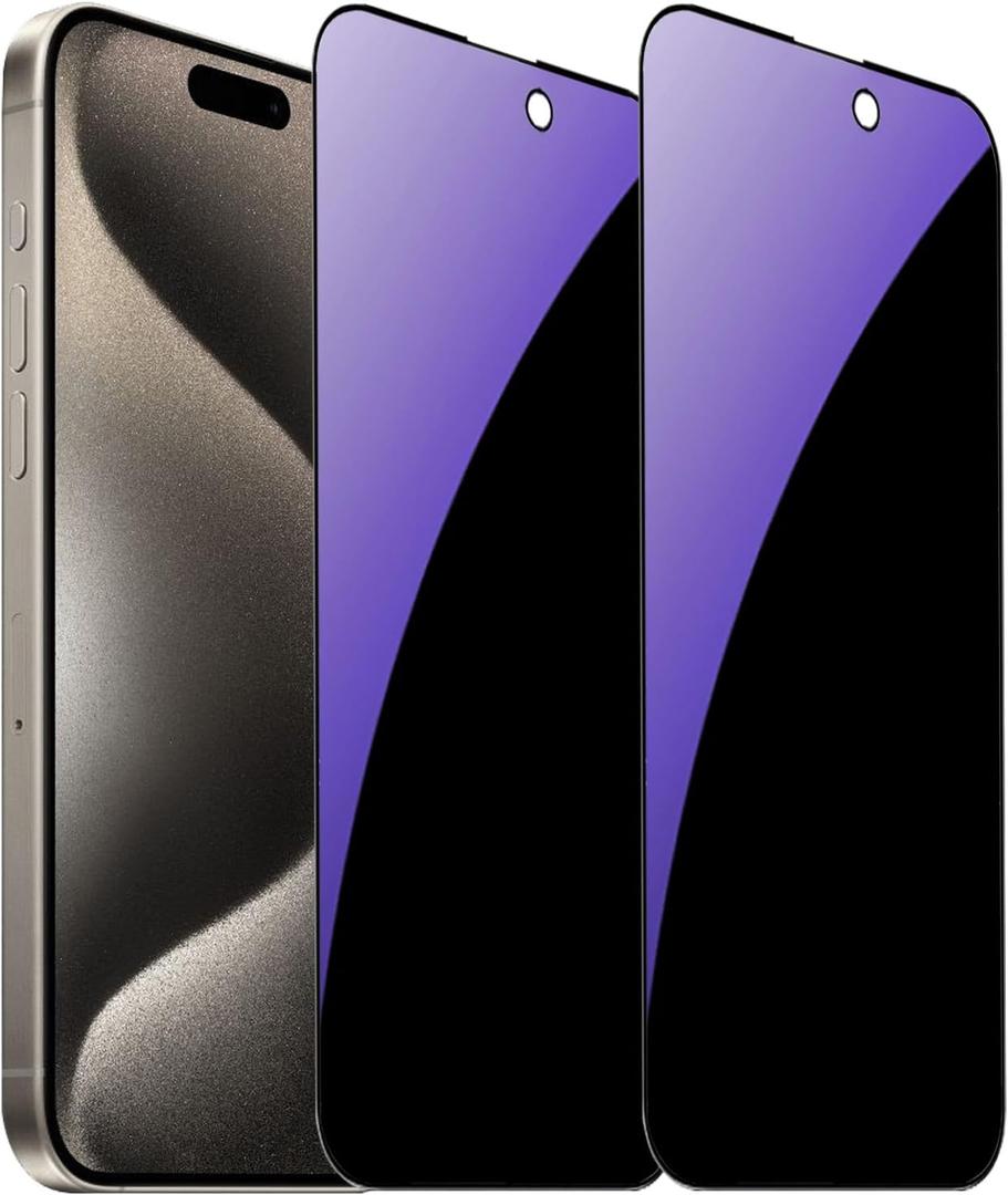 2 Pack Anti-Blue Privacy Tempered Glass for iPhone 15 Pro Max Anti-Spy Screen Protector Anti-Peeping Film Anti-scratch 6.7 inch Blue