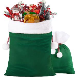 DIYDEC 2pcs Christmas Velvet Santa Bags with Drawstring Christmas Green Gift Santa Bags Large Gift Sack for Xmas Present Party Supply Costume Holiday Wrapping