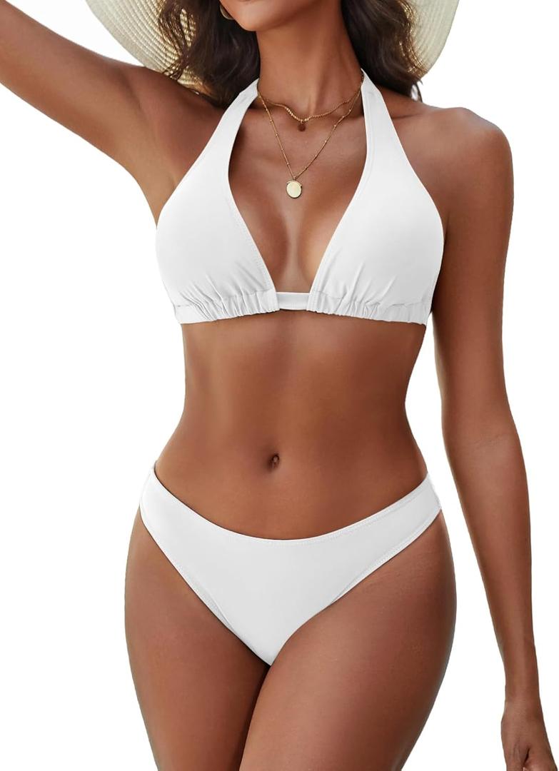 Zojuyozio Women's Bikini Sets Halter Triangle Swimsuit 2 Piece Bathing Suit White M