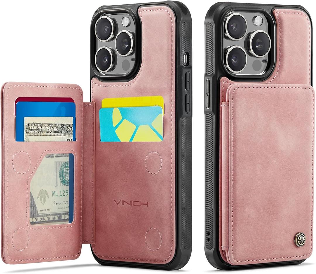 Vinich for iPhone 14 Pro Max Wallet Case with Card Holder, RFID Blocking Credit Slots Kickstand Shockproof Phone Cover Fit for iPhone 14 Pro Max 6.7" Rose Pink