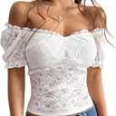 Lace Tops for Women Off Shoulder Going Out Tops Sexy Sheer Mesh Puff Short Sleeve Summer Crop Floral Corset Top (White, XL)