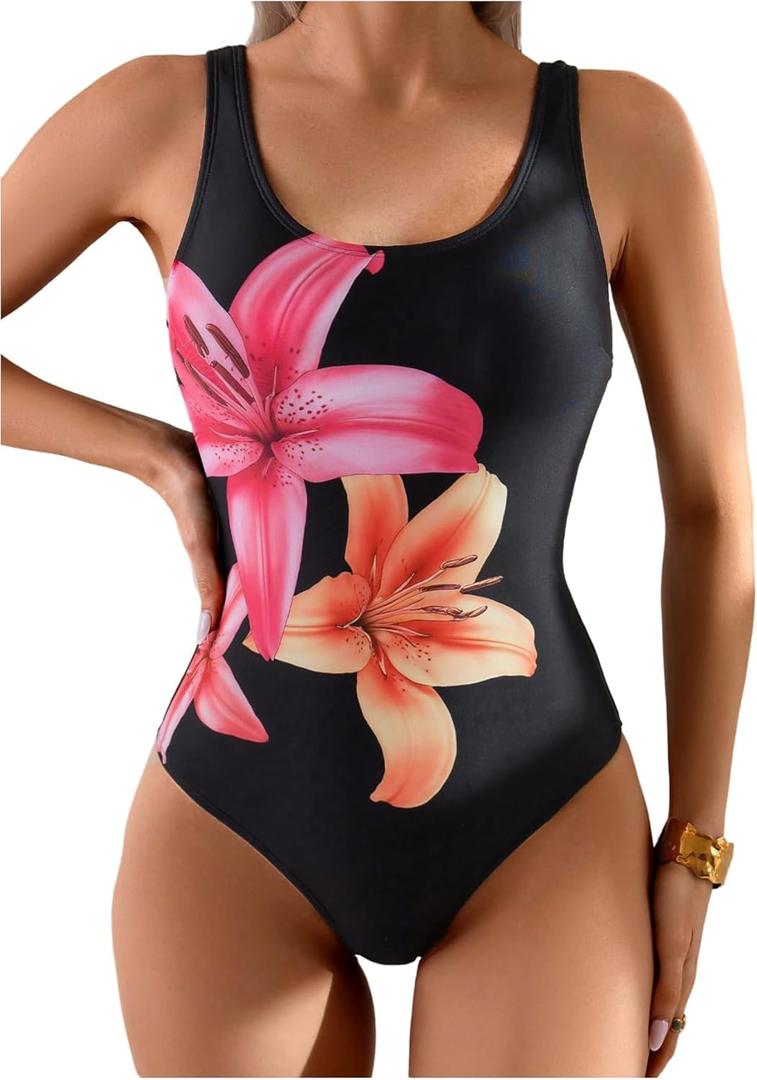 WDIRARA Women's Floral Print Sleeveless One Piece Swimsuit Scoop Neck Swimwear Black Small