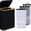 efluky Laundry Hamper with Lid, Trio Laundry Hamper with 3 Removable Bags, 3 Section Laundry Basket with Bamboo Handles for Bathroom, Bedroom & Laundry Room, 160L Black