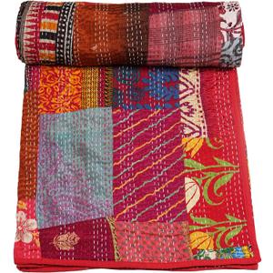 Marubhumi Handmade Cotton Quilts Kantha Blanket Indian Silk Sari Patchwork Quilts (Red, Baby (40"x 60"))