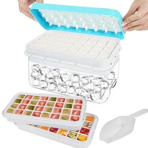 Joliyoou Ice Cube Tray with Lid and Bin, 64 PCS Silicone Ice Lattices on 2 Trays with A Scoop, Easy Release Stackable Ice Cube Molds with Large Capacity Storage Container for Freezer