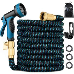 100 ft Expandable Garden Hose - Kink Free Flexible Water Hose 100ft with 10 Pattern Spray Nozzle, 3/4 Solid Brass Connectors, Retractable Latex Core - Lightweight Expanding Hose (Blue)