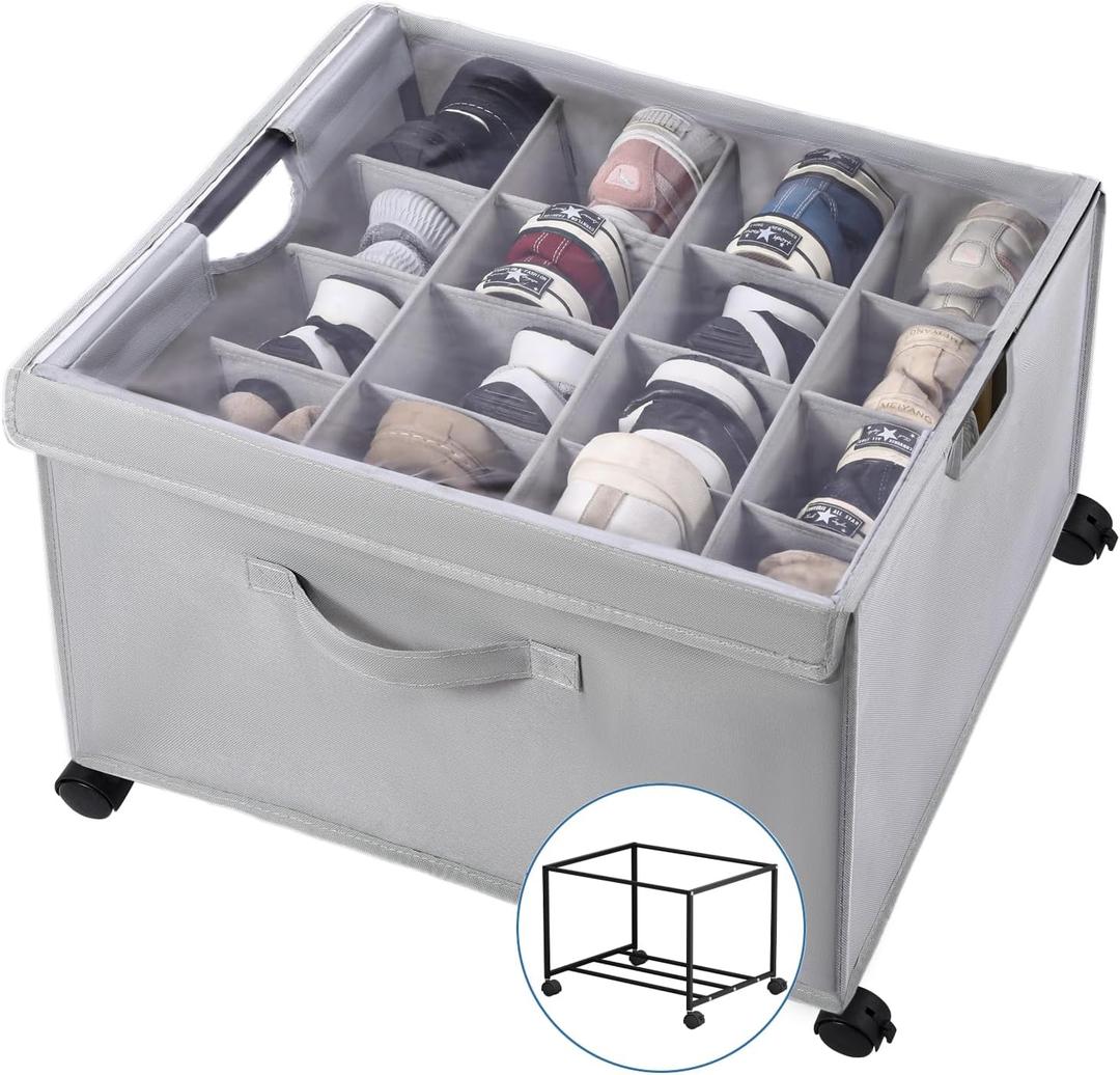 HOUSE AGAIN Shoe Organizer for Closet, Shoe Storage Boxes with 360 Wheels, Sturdy Metal Frame Fits up to 16 Pairs, Boots&Shoes Cubby Storage Containers with Adjustable Dividers and Clear Cover
