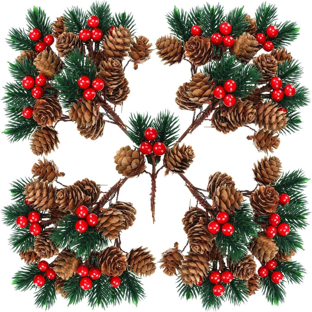 48 Pcs Christmas Picks and Sprays Christmas Tree Floral Picks Holly Red Berry Stem Spray Greenery for Craft Artificial Faux Pine Branches Cone Branches for Tree Home Decor Garland Wreath (Cute)
