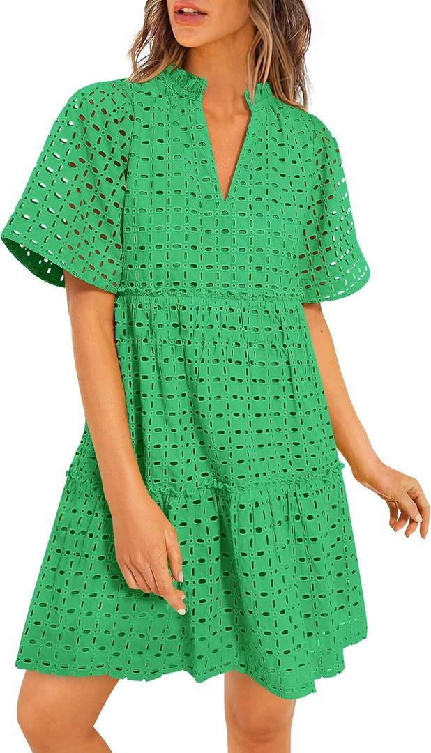 PRETTYGARDEN Eyelet Dresses for Women 2026 Summer Short Sleeve V Neck Hollow Out Ruffle A Line Boho Beach Vacation Mini Dress (Green, L)
