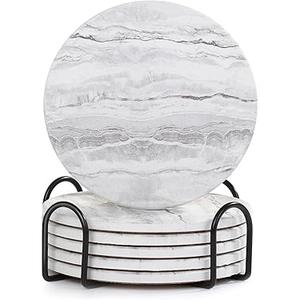 Coasters with Holder for Coffee Table, Absorbent Coaster Set of 6, Marble Style Ceramic Coaster for Wooden Table, Suitable for Kinds of Cups, Home Decor