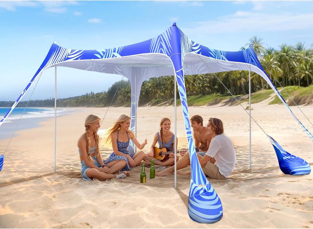 2PM SPORTS Beach Tent Canopy with UPF50+ UV Protection, Outdoor Large Beach Sun Shade Shelter for Family Picnic Camping Travel Shore Fishing, 8 Sandbags, Sand Shovel (Areca Palm, 10x10 FT)