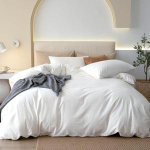 JIYUAN California King Duvet Cover Set, 3-Piece - 100% Washed Cotton, Linen-Like Soft & Breathable with Zipper Closure, Includes 104x98 Inch Cover & 2 Pillowcases, Solid Bright White