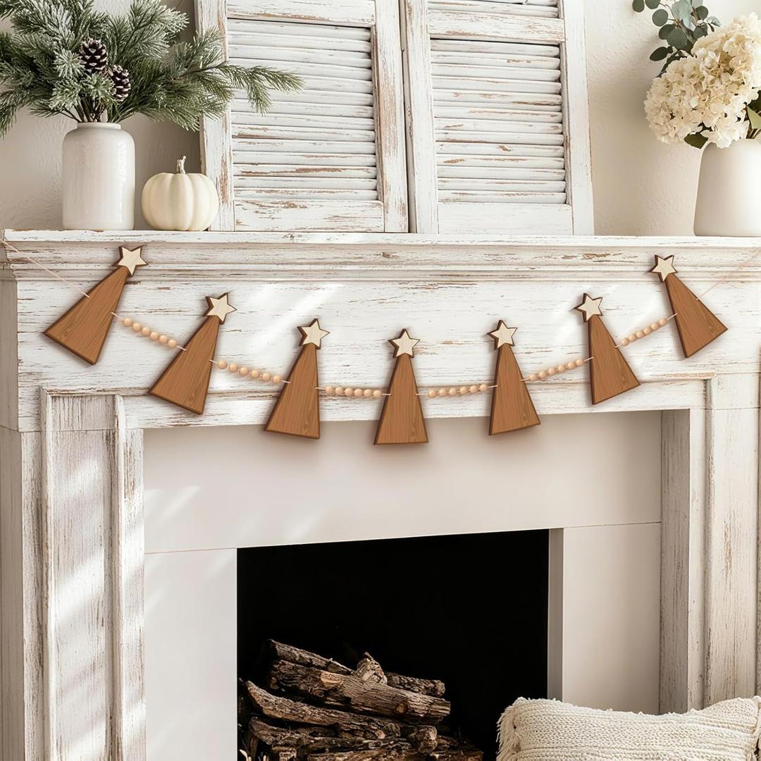 Wood Star Top Christmas Tree Christmas Garland Rustic Wood Chain with Wooden Bead Hanging Decorations for Mantle Wall Window Door Winter Home Xmas Tree Decor Holiday Crafts