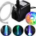PULACO 160GPH Small Fountain Pump, 10Watt Submersible Pump with Automatic Color Changing LED Light and 3.3 ft Tubing for Water Feature, Outdoor Pond, Aquarium fish tanks