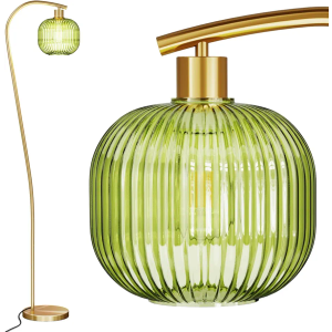 Gold Arc Floor Lamp for Living Room, Modern Standing Lamp with Green Ribbed Glass Lampshade, 67” Tall Lamp for Bedroom Study Room Office (2700K Bulb Included) (Gold & Green)