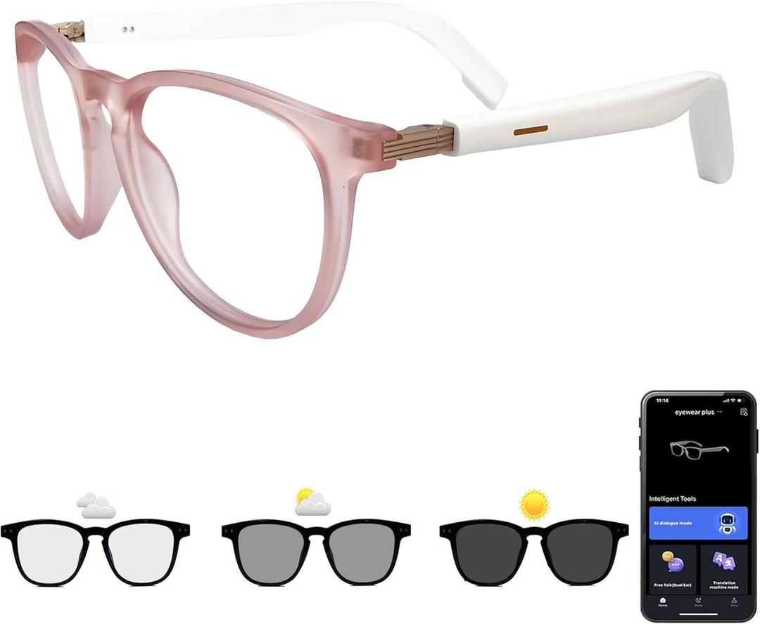Smart Glasses with Photochromic Lenses for Men and Women AI Translation Smart Glasses with Translator 164 Languages IP67 Waterproof Bluetooth Glass Blue Light Protection (KM02_Pink)