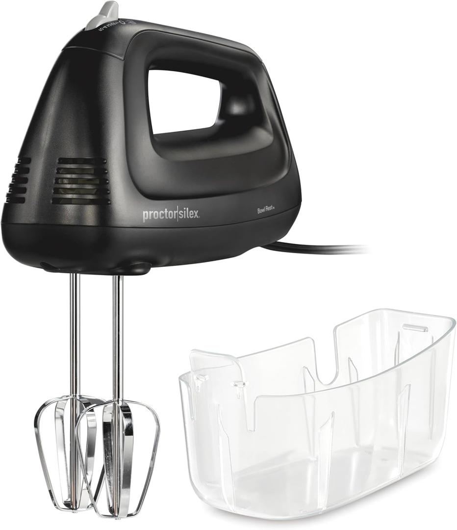 Proctor Silex Easy Mix 5-Speed Electric Hand Mixer with Bowl Rest, Compact and Lightweight, 215 Watts of Peak Power, Storage Case, Black (62512)