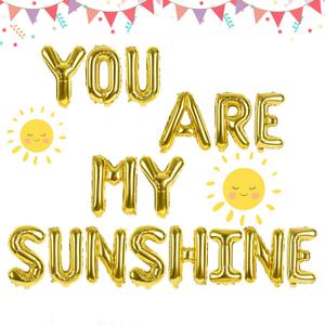 16pcs Gold Foil Letter Balloons - You Are My Sunshine - Baby Shower, Birthday, Theme Party - Unisex Adults and Children