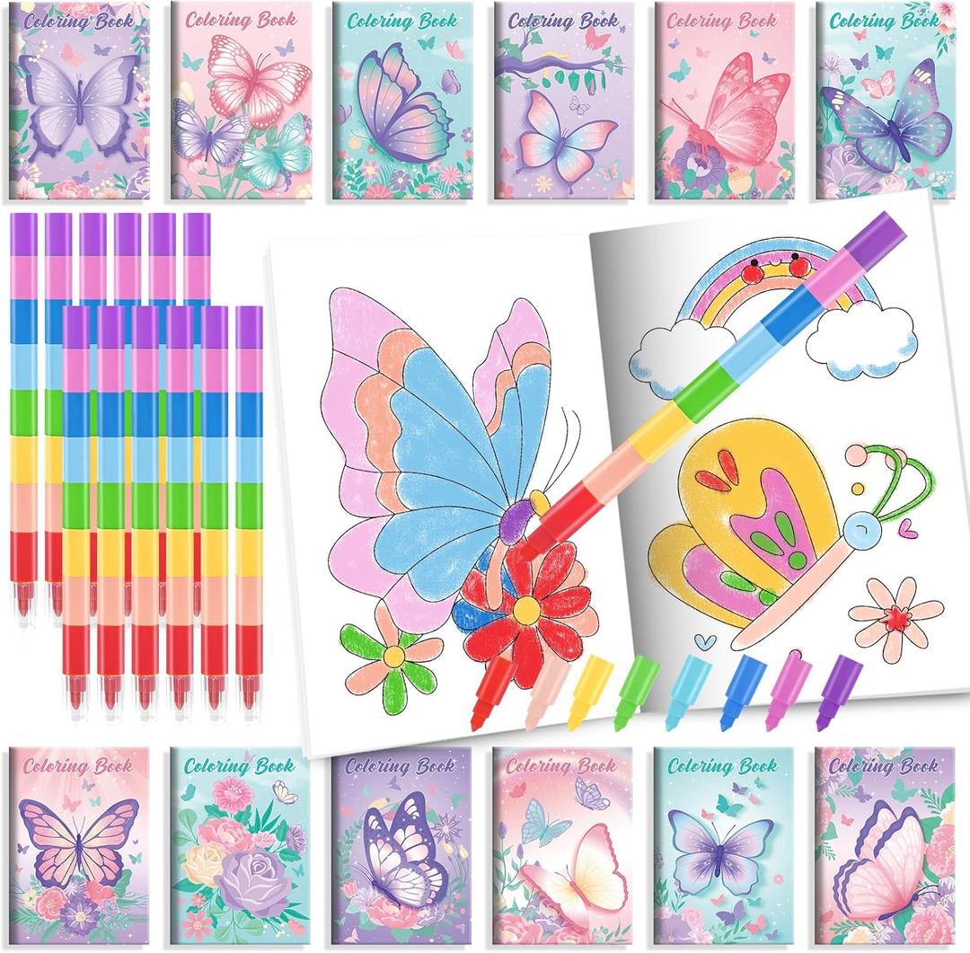 BenLouis 12 Butterfly Mini Coloring Books Kids with 24 Stacking Crayons Butterfly Theme Party Favors Activity Books Bulk for Kids Spring Fairy Birthday Goodie Bag Gift Stuffer Classroom Reward