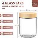 DRKIO 16 Oz Overnight Oats Containers with Bamboo Lids - 4 Pack Glass Storage Jars with Airtight Lids Wide Mouth Mason Food Jars Great for Meal Prep Salad Chia Pudding Snacks Yogurt Sugar Spice Cereal