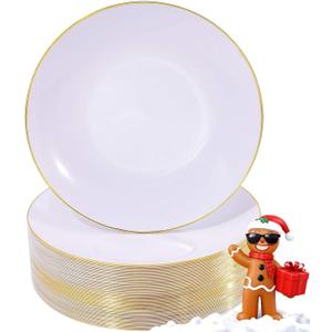 Nervure 100 Pieces Gold Plastic Plates - 10.25 inch Gold Dinner Plates - Heavyweight White and Gold Disposable Plates Ideal for Wedding & Party & Thanksgiving