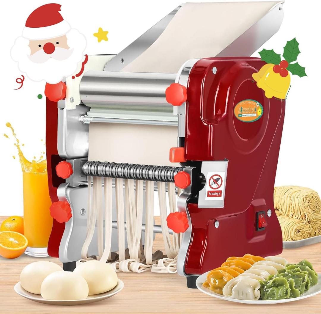 Newhai Commercial Electric Pasta Maker, Automatic Noodle Machine, 2-in-1 Heavy Duty Dough Roller Pressing Machine, with 2mm/6mm Blade, 550W Stainless Steel (with a 2mm/6mm dual use blade)