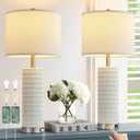 Reaketon 26.5" Ceramic Table Lamp Set of 2, 3 Way Dimmable Touch Control Table Lamp with 2 USB Charging Ports for Bedroom Living Room, Modern Nightstand Lamp End Table Lamps, Bulbs Included (White Shade & Silver Base)