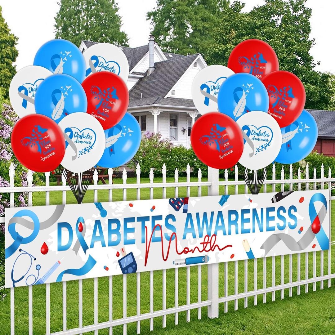 Diabetes Awareness Party Decorations, Include Banner and Balloons, Blue and Grey Ribbon Outdoor Yard Sign for National Diabetes Month Scene & Charity Party Supplies