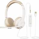 JIAMQISHI USB Headset with Microphone for PC, On-Ear Computer Laptop Headphones with Noise Cancelling Mic in-line Control for Home Office Online Class Zoom (USB+3.5mm, White)