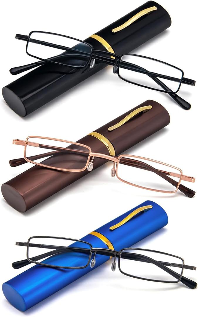 REAVEE 3 Pack Slim Pen Reading Glasses Small Tube Stylish Readers for Men Women Spring Hinged with Portable Clip Case, Black Brown Blue 2.0