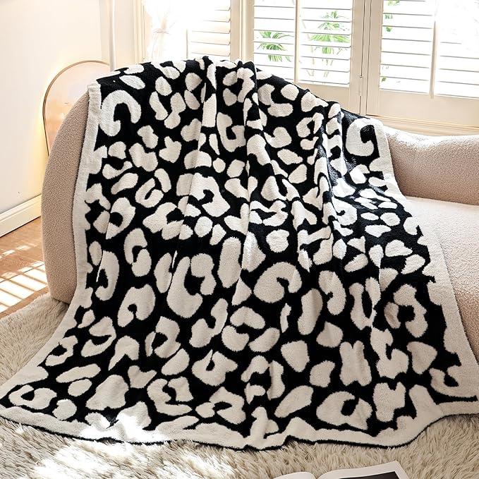 Cyusri Fieece Cow Print Blanket Home Decor 51x63 in Black