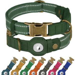 Reflective Leather Dog Collar with AirTag Holder - Soft Apple Airtag Dog Collar with Metal Buckle - Safety Cotton Pet Collars for Dogs Small Large Dogs Puppy (Hunter Green, XS, 9"-12")