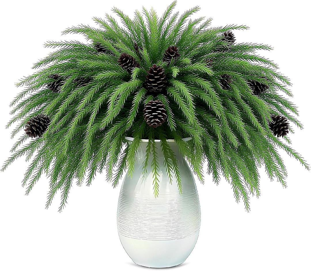 12 Pcs Christmas Norfolk Pine Stems with Pine Cones,18" Norfolk Pine Artificial Branches Greenery Christmas Stems Picks DIY Crafts Faux Xmas Branches for Garland Home Decoration Indoor Outdoor Decor