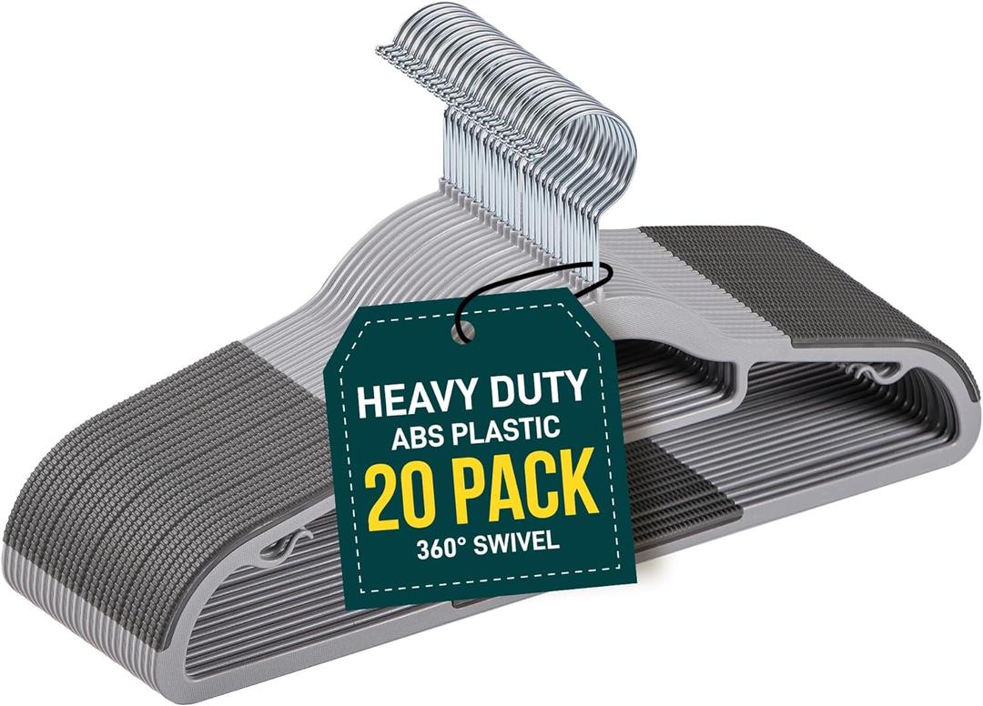 Plastic Clothes Hanger Set - 20 Pieces Versatile, Lightweight, Space-Saving, Non-Slip, Slim Designed, Dry and Wet Clothes Hanger Set with 360 Swivel Hook and Rubber Coating - Gray