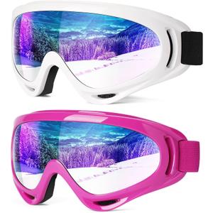 Braylin 2-Pack Snow Ski Goggles, Snowboard Goggles for Men, Women, Youth, Kids, Boys or Girls, Snowmobile Goggles (Pink + White)