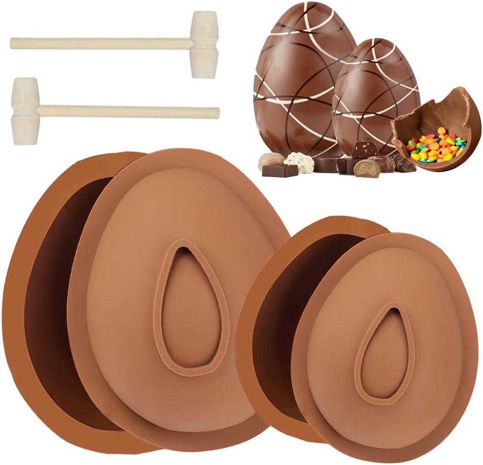 Easter Egg Silicone Mold for Chocolate, 4PCS 3D Egg Shape Molds 2 x 4inch & 2 x 6inch Large Size Non-Stick DIY Baking Candy Molds with 2 Wood Hammers for Easter Decorations, Party, Kids Gift