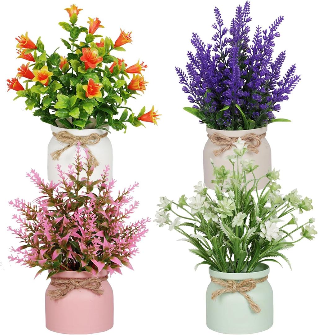 Yoratee 4pcs Artificial Pot Flowers Small Fake Plants with Pot Mini Potted Plants for House Office Tabletop Decoration