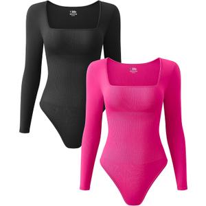 OQQ Women's 2 Piece Bodysuits Sexy Ribbed One Piece Square Neck Long Sleeve Tops (S)