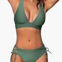 CUPSHE Bikini Set for Women Two Piece Swimsuit V Neck Triangle Top Wide Straps Cross Back Lace up Mid Rise L