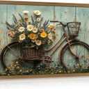 Clicyre Vintage Bicycle Daisy Wall Art, Rustic Floral Wall Decor, Rustic Farmhouse Wildflower Canvas Print for Living Room Bedroom Kitchen Bathroom Wood Framed 12x16 Inch