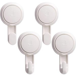 LEVERLOC Heavy Duty Suction Cup Shower Hooks 4 Pack, Damage-Free Shower Hangers for Inside Bathroom Wall, Powerful Vacuum Suction Towel Hooks, Loofah Holders, Easy to Install and Remove, White